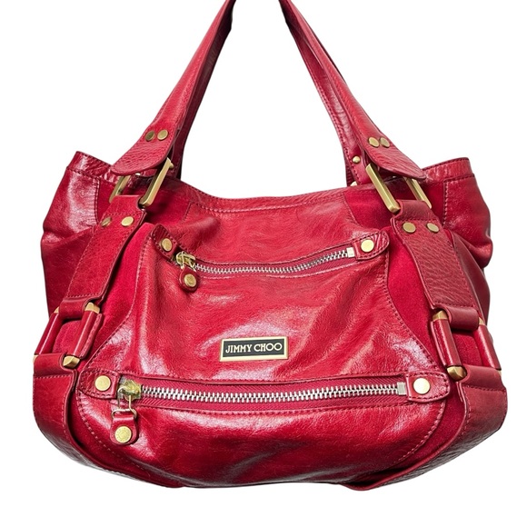 Jimmy Choo Deep Red Leather Mahala Satchel/Tote Bag - Picture 1 of 16